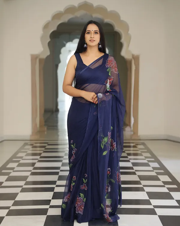 Navy_Blue_Floral_H_Painted_Chiffon_Saree_For_Women